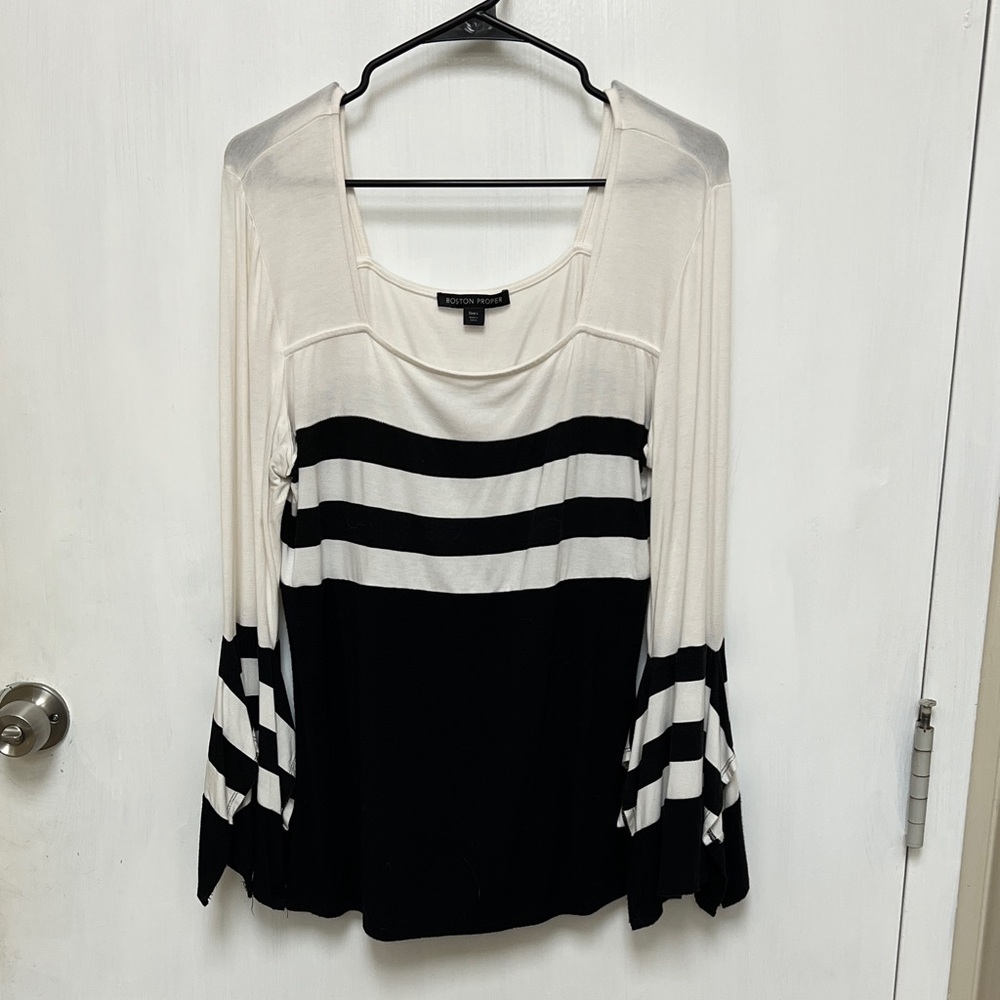 Boston Proper Black and Cream Striped Long Sleeve Top